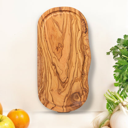 NEW ARRIVAL Tabla de Cortar y Servir en Madera Olivo Mediterráneo BUDAPEST, 100% artesanal, con ranura para líquidos, Embutidos, Carne, Barbacoa, Queso, Pan (43×21 cm)