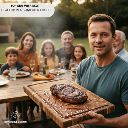 NEW ARRIVAL Tabla de Cortar BALI Plus en Madera de Teca End Grain, ideal para cortar y servir carne, pan y embutidos, 44×29.5×3.8 cm, con ranura para jugos