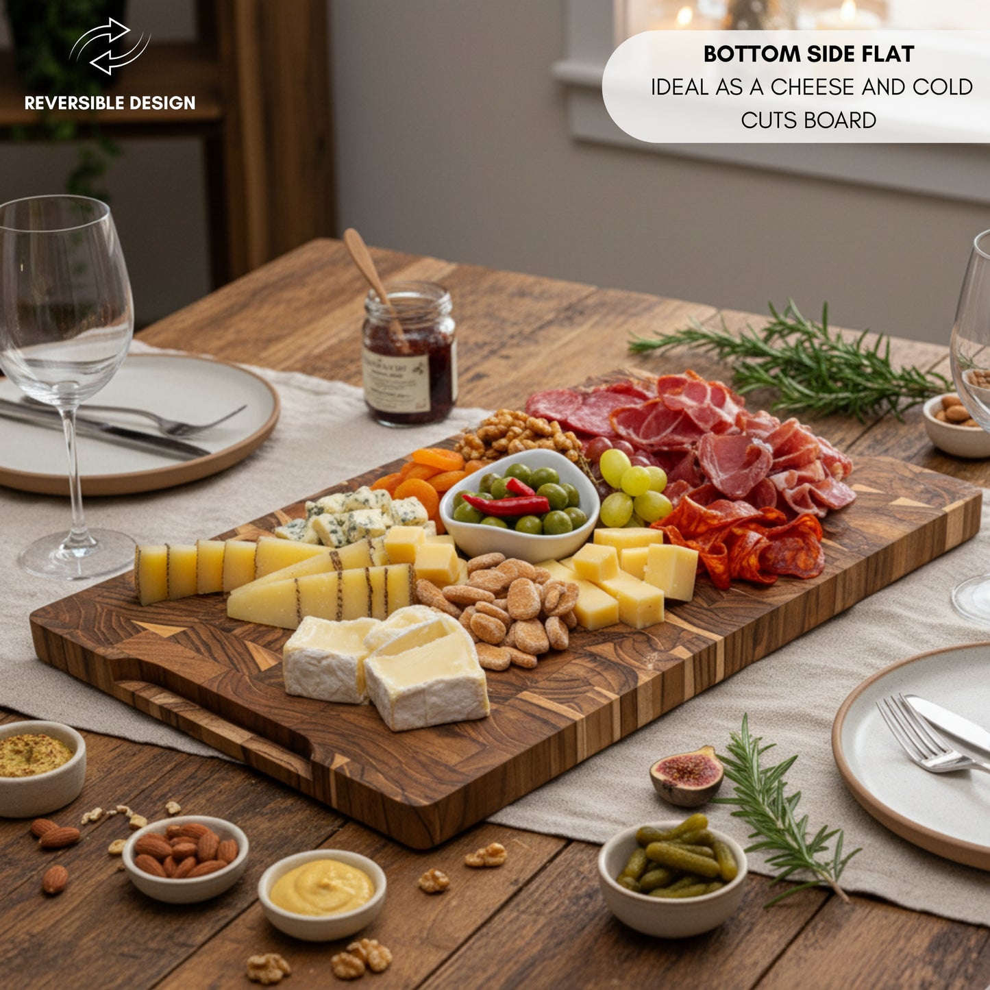 NEW ARRIVAL Tabla de Cortar BALI Plus en Madera de Teca End Grain, ideal para cortar y servir carne, pan y embutidos, 44×29.5×3.8 cm, con ranura para jugos