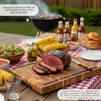 NEW ARRIVAL Tabla de Cortar BALI Plus en Madera de Teca End Grain, ideal para cortar y servir carne, pan y embutidos, 44×29.5×3.8 cm, con ranura para jugos