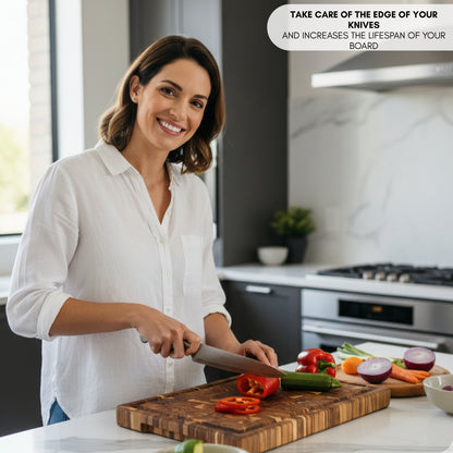 NEW ARRIVAL Tabla de Cortar BALI Plus en Madera de Teca End Grain, ideal para cortar y servir carne, pan y embutidos, 44×29.5×3.8 cm, con ranura para jugos