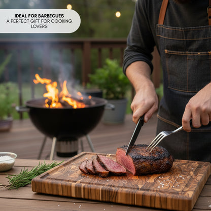 NEW ARRIVAL Tabla de Cortar BALI Plus en Madera de Teca End Grain, ideal para cortar y servir carne, pan y embutidos, 44×29.5×3.8 cm, con ranura para jugos