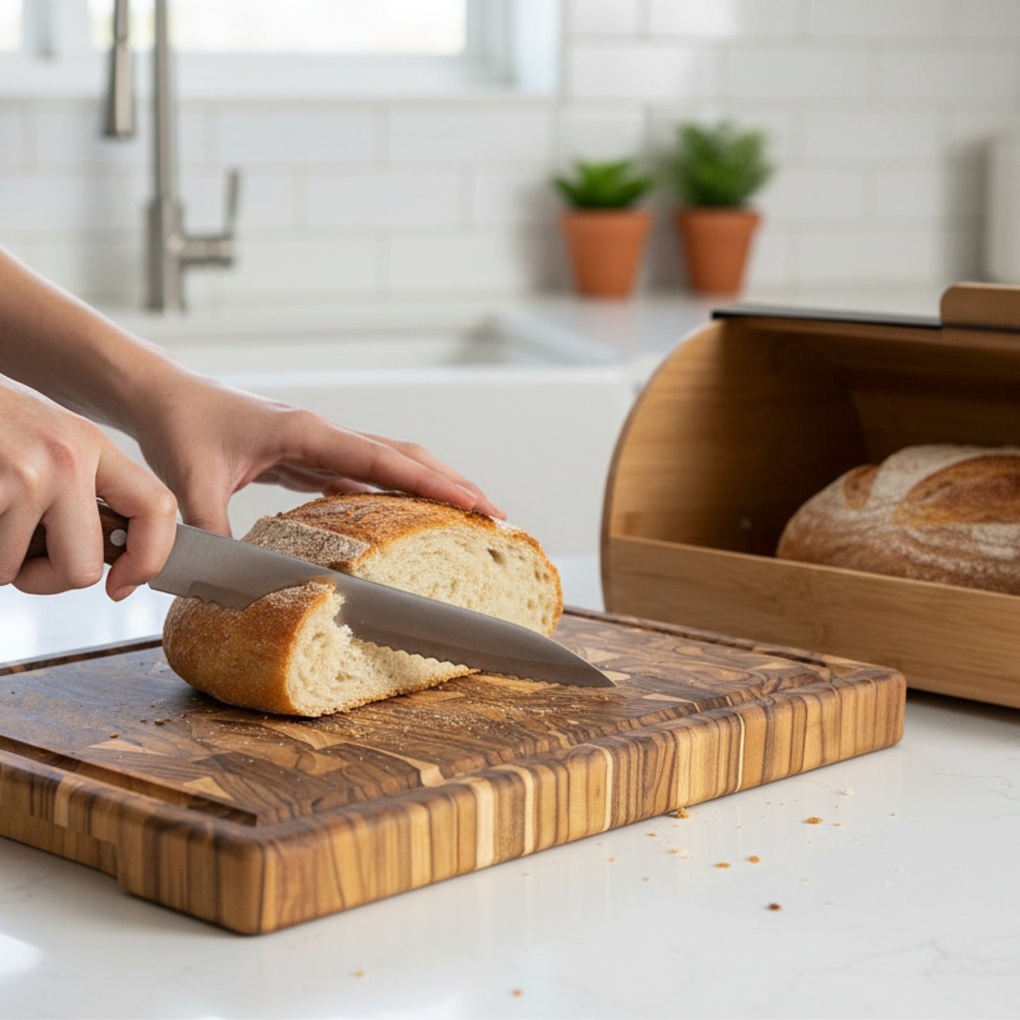 NEW ARRIVAL Tabla de Cortar BALI Plus en Madera de Teca End Grain, ideal para cortar y servir carne, pan y embutidos, 44×29.5×3.8 cm, con ranura para jugos