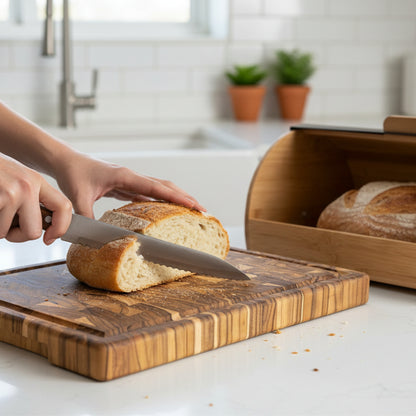 NEW ARRIVAL Tabla de Cortar BALI Plus en Madera de Teca End Grain, ideal para cortar y servir carne, pan y embutidos, 44×29.5×3.8 cm, con ranura para jugos