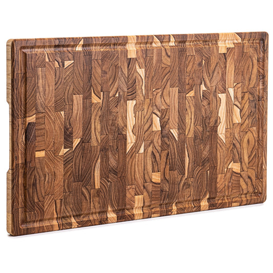 NEW ARRIVAL Tabla de Cortar SIDNEY Plus en Madera de Teca End Grain, con patas antideslizantes y ranura para jugos, 58×38×3.8 cm