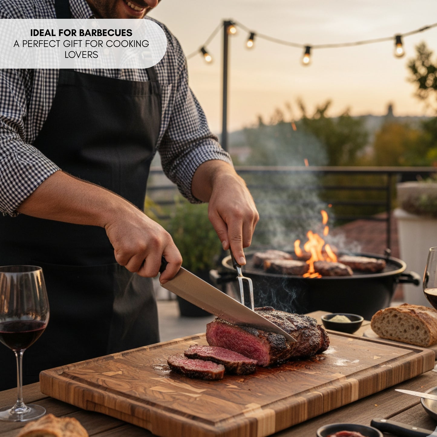 NEW ARRIVAL Tabla de Cortar SIDNEY Plus en Madera de Teca End Grain, con patas antideslizantes y ranura para jugos, 58×38×3.8 cm