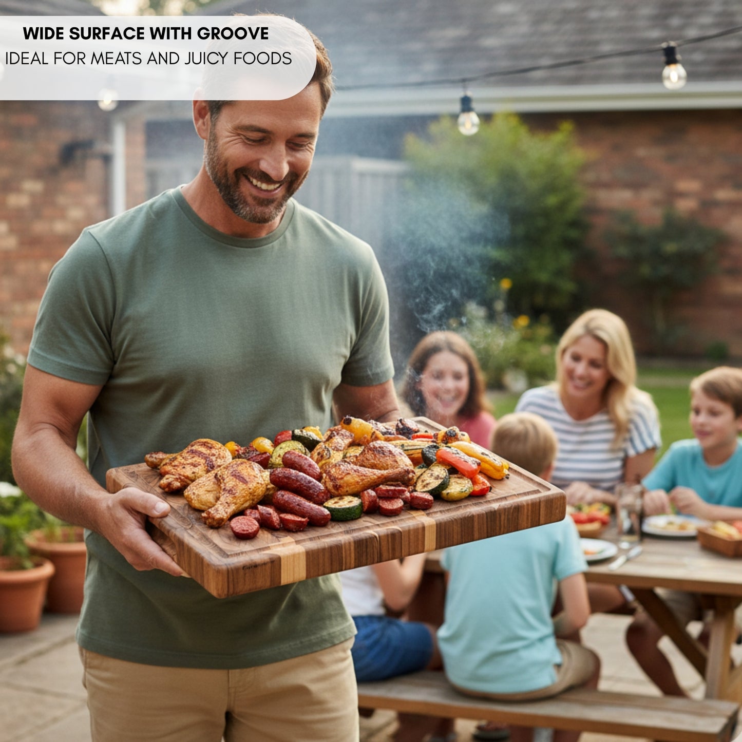 NEW ARRIVAL Tabla de Cortar SIDNEY Plus en Madera de Teca End Grain, con patas antideslizantes y ranura para jugos, 58×38×3.8 cm