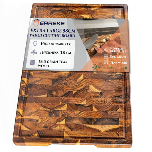 NEW ARRIVAL Tagliere SIDNEY Plus in legno di teak End Grain, con piedini antiscivolo e canaletta raccogli-succhi, 58×38×3,8 cm