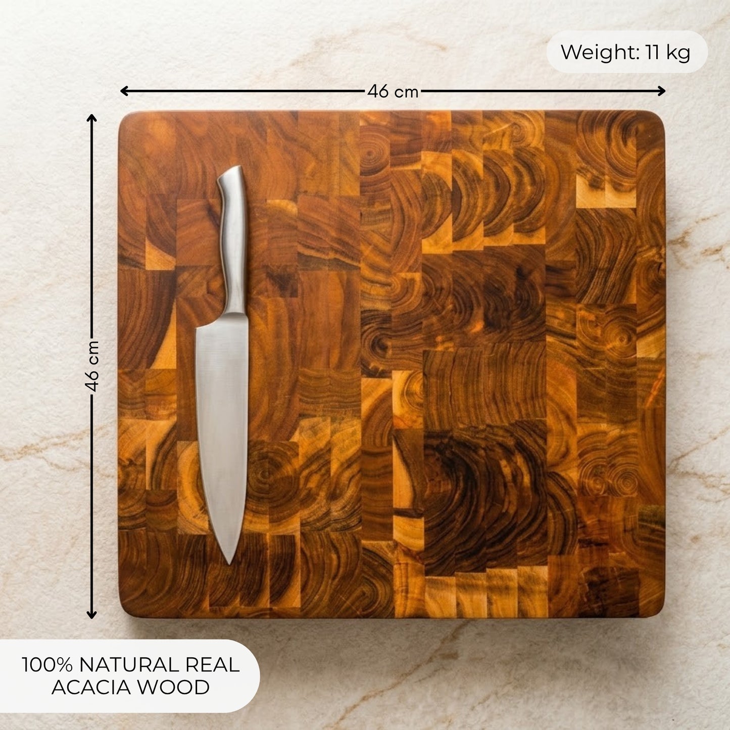 Billot en bois d'acacia naturel bout de fil (end grain) 46 x 46 x 7,5 cm MANDALAY