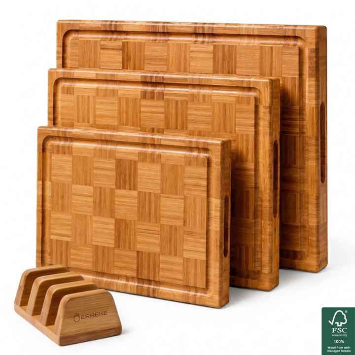 Set of 3 carbonised bamboo cutting boards with stand, FSC certified