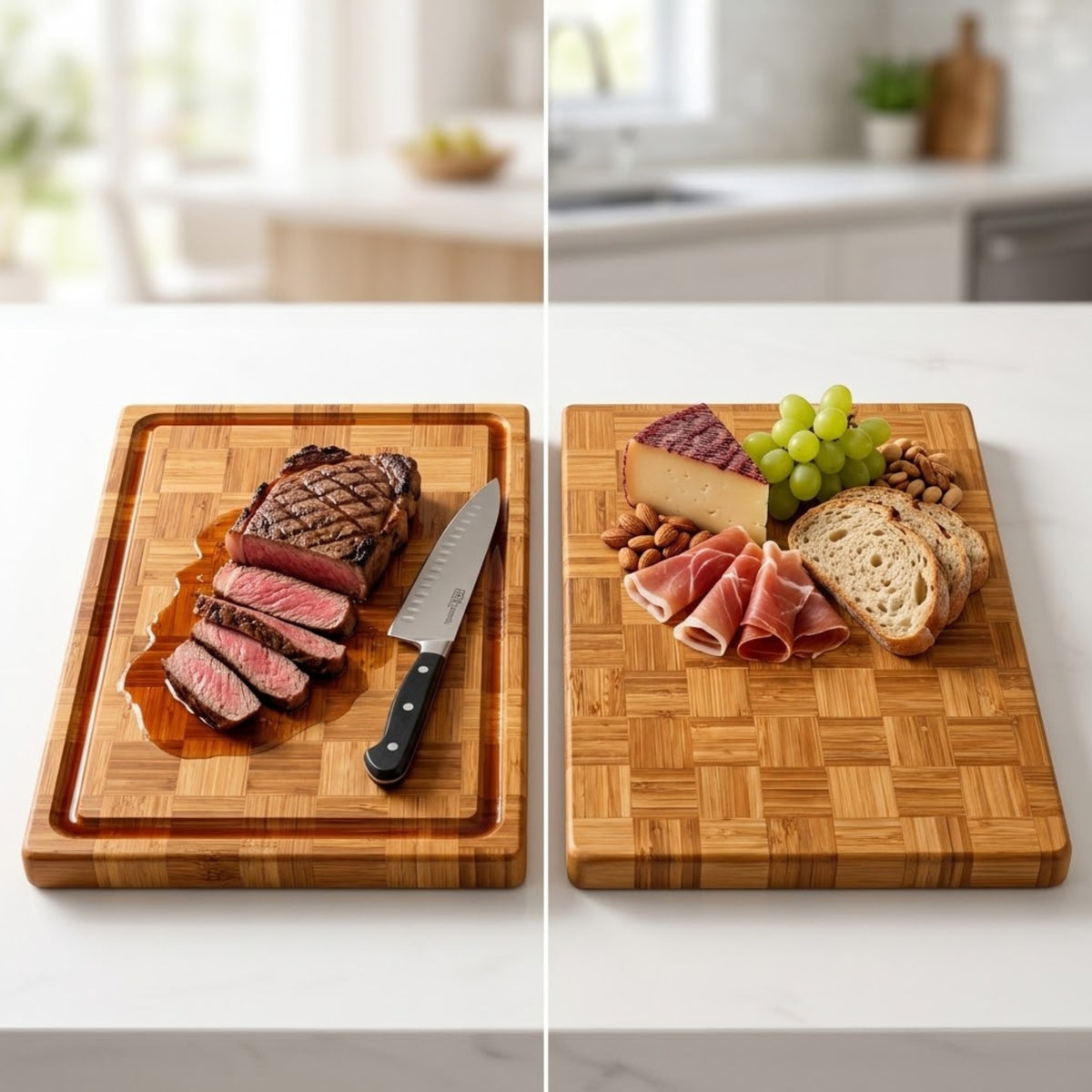 Bamboo board with sliced steak and a board with cheese, ham, bread and grapes