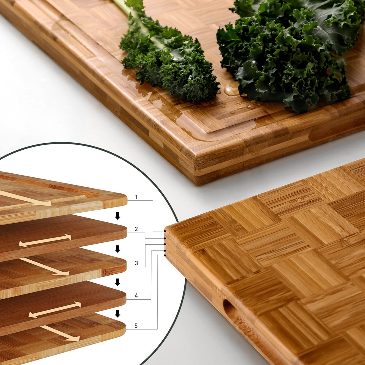 Bamboo board with kale and diagram of the 5 cross-laminated bamboo layers
