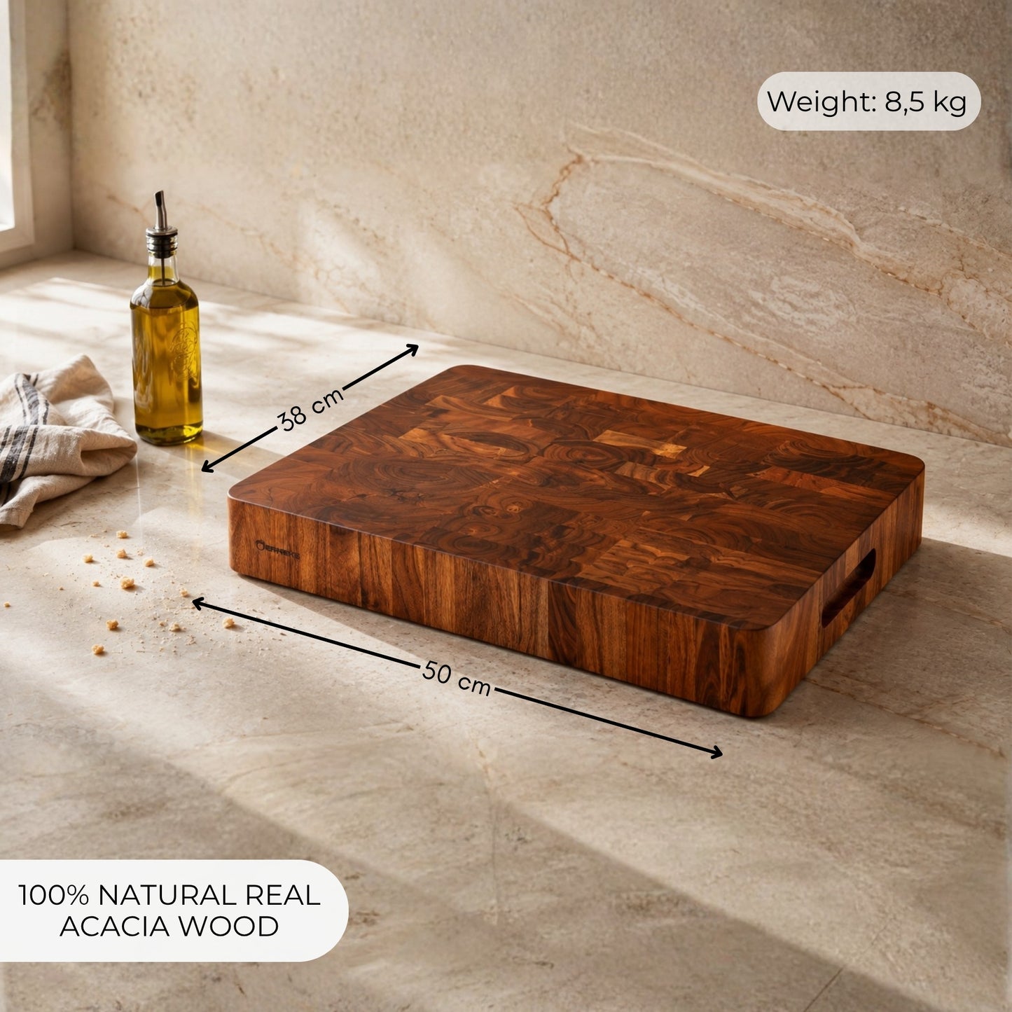 Hackblock aus Akazienholz Stirnholz (End Grain) 50 x 38 x 6,5 cm DECCAN