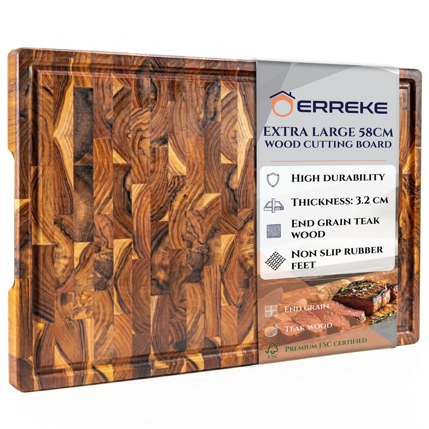 Planche à Découper XXL en Bois de TECK Naturel SIDNEY, de Bout, Bases Antidérapantes, Idéale pour Cuisine ou Barbecue, Servir Viande Fromage Pain, 58x38x3,2cm (fente à jus)