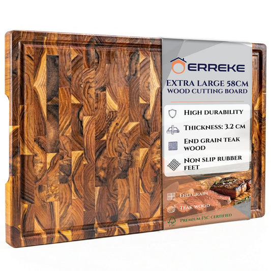Tagliere XXL in Legno TEAK SIDNEY, Venatura Naturale, Basi Antiscivolo, Ideale per Cucina o Barbecue, per Servire Carne Formaggio Pane, 58x38x3,2 cm (vano Succhi)