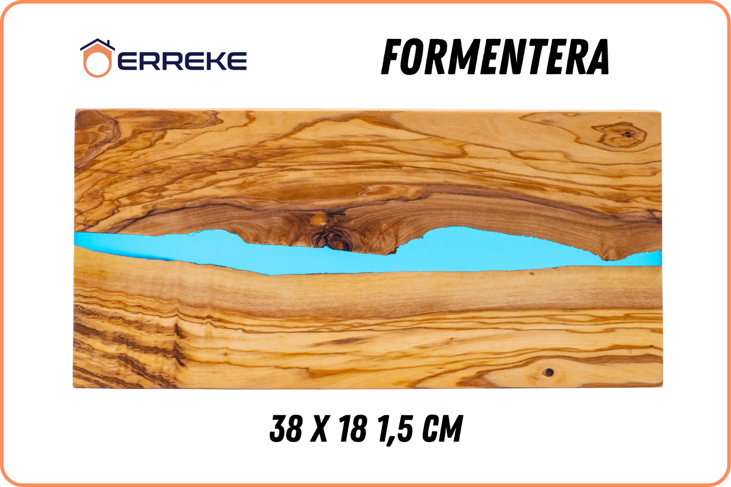 Serveerplank van natuurlijk olijfhout en epoxyhars FORMENTERA, keukensnijplank 38x18x1,5 cm, ideaal voor het serveren van worstjes ham kaas brood (blauw)