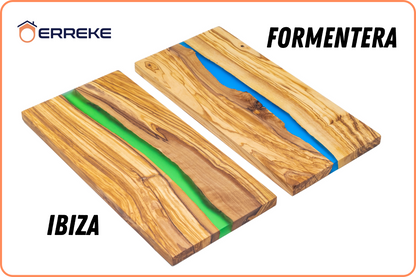 Serveerplank van natuurlijk olijfhout en epoxyhars FORMENTERA, keukensnijplank 38x18x1,5 cm, ideaal voor het serveren van worstjes ham kaas brood (blauw)
