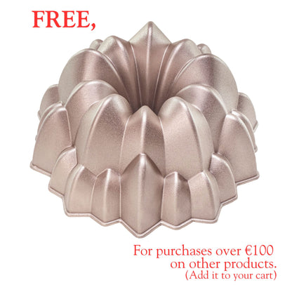 Molde CASCADA, bizcocho y tarta para horno, doble capa antiadherente, aluminio fundido de larga vida, Cocción Uniforme, Color Oro Rosa, diámetro 24cm, alto 11 cm, 2 litros.