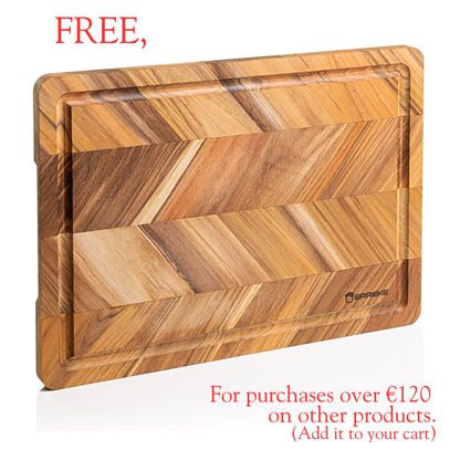 Tabla de Cortar en Madera de Teca Natural, diseño Herringbone, ideal para cortar y servir carne, pan y embutidos, 40.5×30.5×2 cm, con ranura para jugos