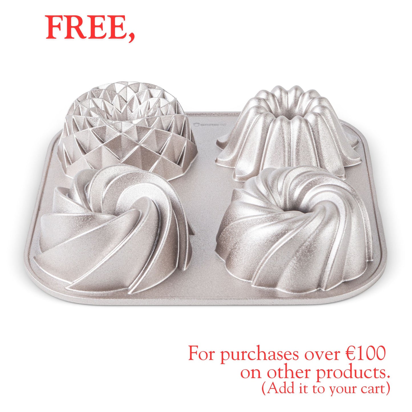 Molde TETRAD para 4 mini bizcocho, diámetro 10 cm x 4.5 cm alto, Doble Capa Antiadherente,  Aluminio Fundido Resistente, Cocción Uniforme, Color Oro Rosa.