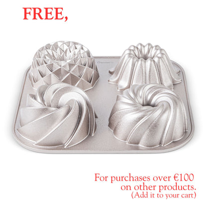 Molde TETRAD para 4 mini bizcocho, diámetro 10 cm x 4.5 cm alto, Doble Capa Antiadherente,  Aluminio Fundido Resistente, Cocción Uniforme, Color Oro Rosa.