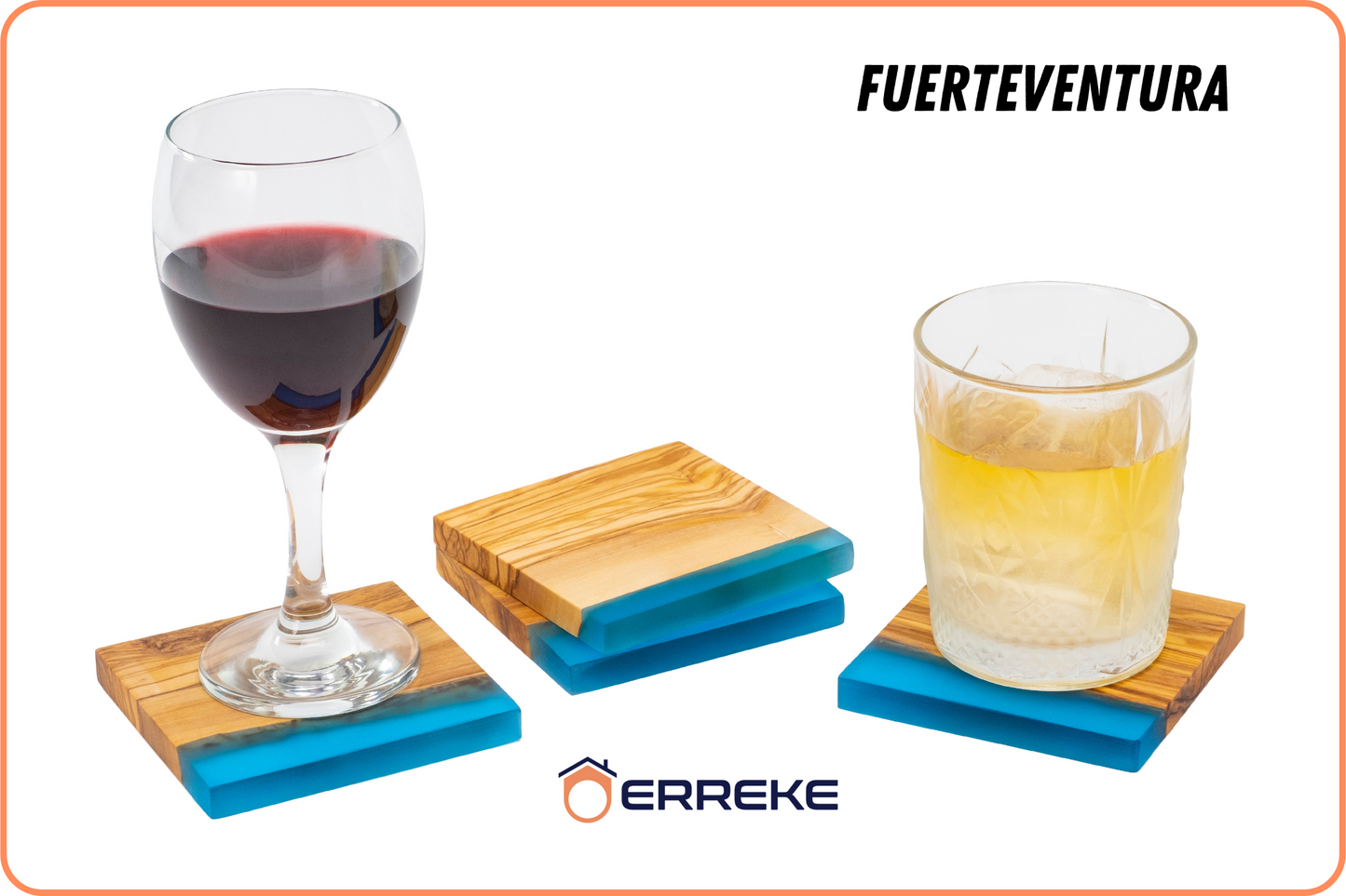 Set van 4 originele onderzetters van natuurlijk olijfhout en epoxyhars FUERTEVENTURA, kopjes, glazen, 10x10x1,2 cm (blauw)