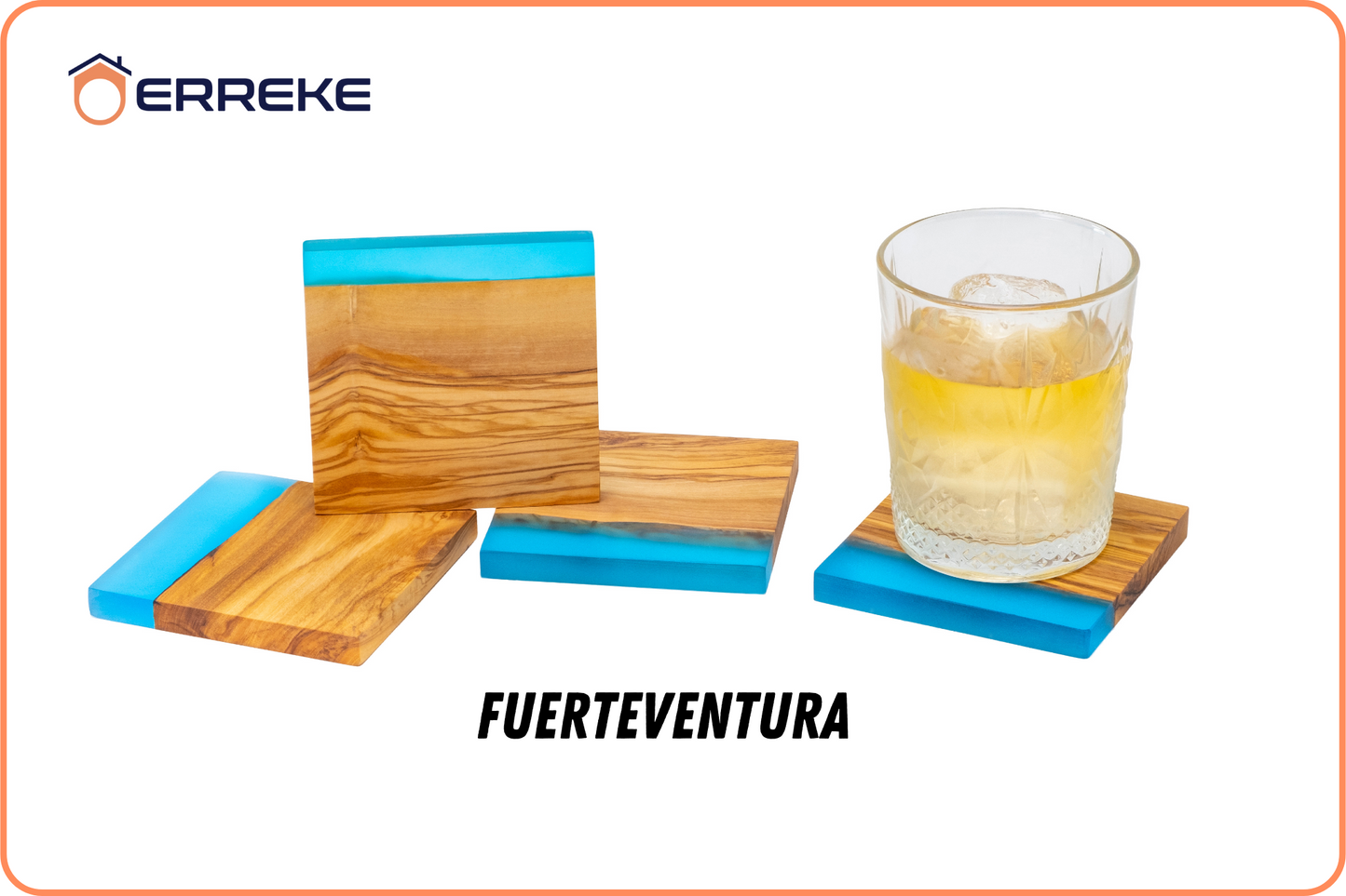 Set van 4 originele onderzetters van natuurlijk olijfhout en epoxyhars FUERTEVENTURA, kopjes, glazen, 10x10x1,2 cm (blauw)