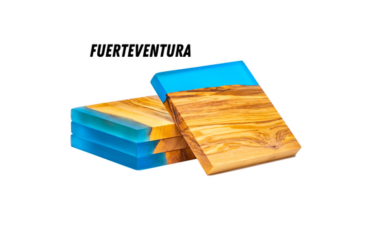 Set van 4 originele onderzetters van natuurlijk olijfhout en epoxyhars FUERTEVENTURA, kopjes, glazen, 10x10x1,2 cm (blauw)