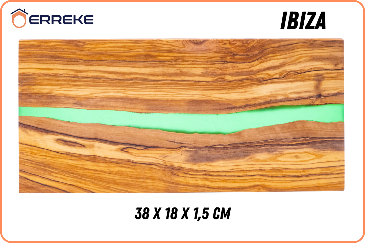 Serveerplank van natuurlijk olijfhout en epoxyhars IBIZA, keukensnijplank 38x18x1,5 cm, ideaal voor het serveren van worstjes ham kaasbrood (groen)