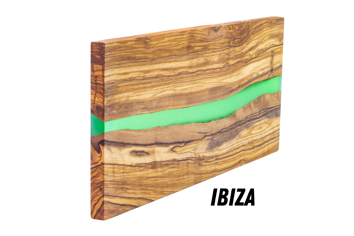 Serveerplank van natuurlijk olijfhout en epoxyhars IBIZA, keukensnijplank 38x18x1,5 cm, ideaal voor het serveren van worstjes ham kaasbrood (groen)