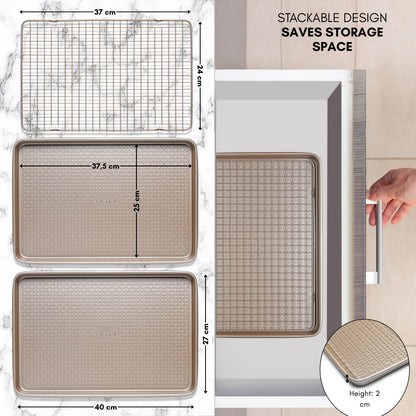 Baking Tray Set with Rack, 0.8 mm carbon steel, double non-stick coating, ideal for baking and roasting, 40×27 cm 
