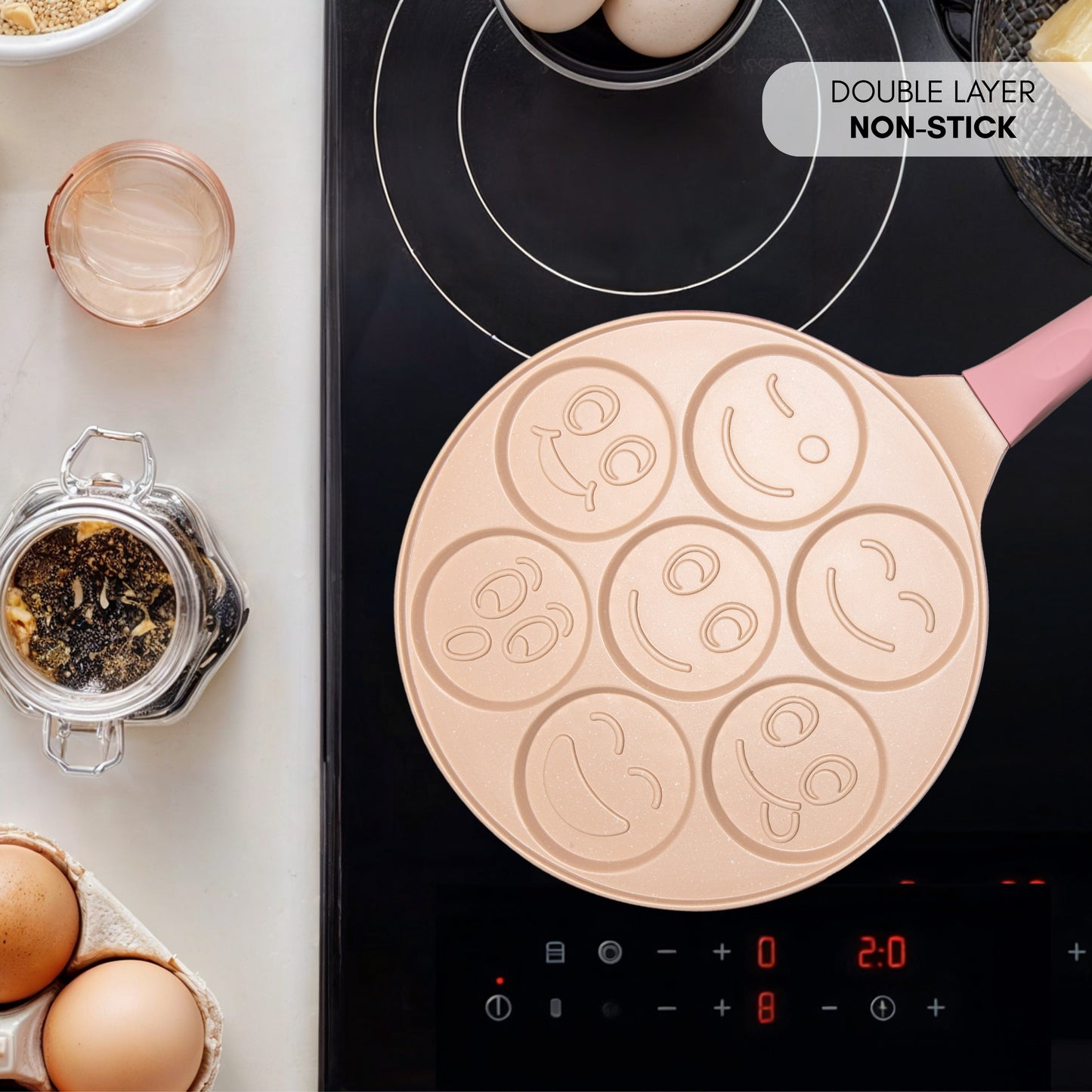 Pfannkuchenpfanne mit Smiley-Design in Rosa