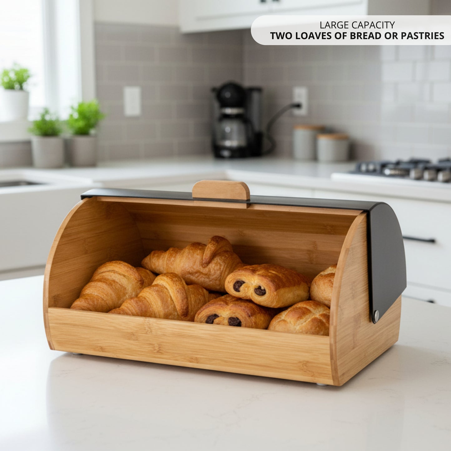 Portapane TENERIFE, che preserva la freschezza e l'aroma del Pane Realizzato in Acciaio e Bambù, Portapane Vintage, Coperchio Scorrevole, Colore Nero