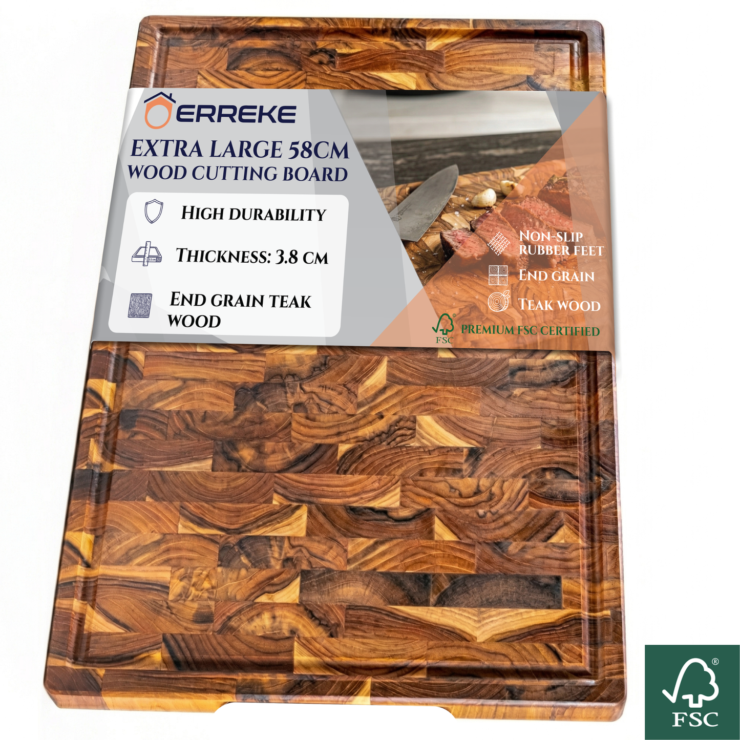 Teak Wood End Grain Cutting Board XXL 58 x 38 x 3.8 cm SIDNEY PLUS