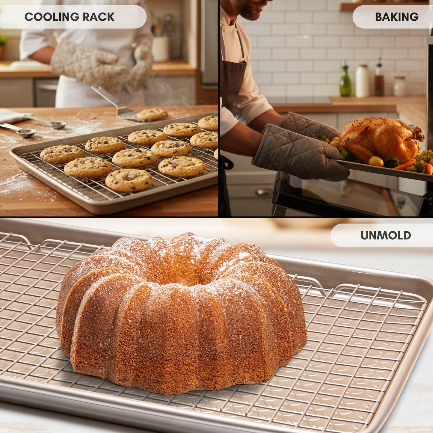 Baking Tray Set with Rack, 0.8 mm carbon steel, double non-stick coating, ideal for baking and roasting, 40×27 cm 