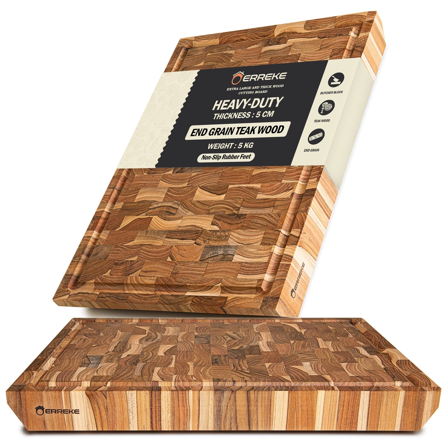 NUOVO ARRIVO Tagliere 3XL in legno di teak naturale BANGKOK, venature trasversali, peso 5 kg, spessore 5 cm. Dimensioni 50x35x5,0 cm, scanalatura per il succo.