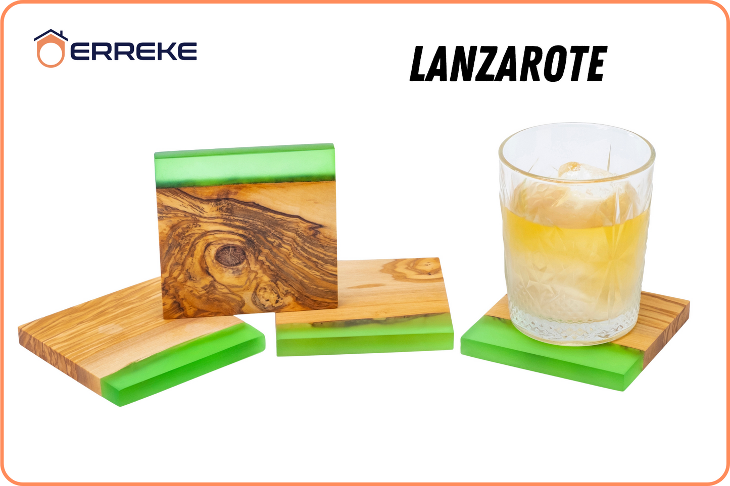 Conjunto de 4 bases para copos originais em madeira de oliveira natural e resina epóxi LANZAROTE, xícaras, copos, 10x10x1,2 cm (verde)