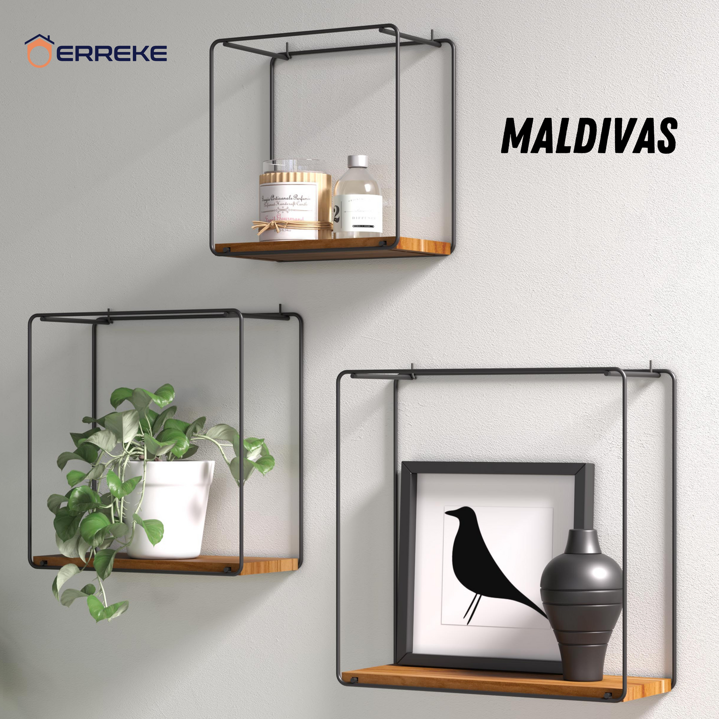 Set of 3 Wall Shelves in Teak Wood and Steel, MALDIVAS, modern and resistant