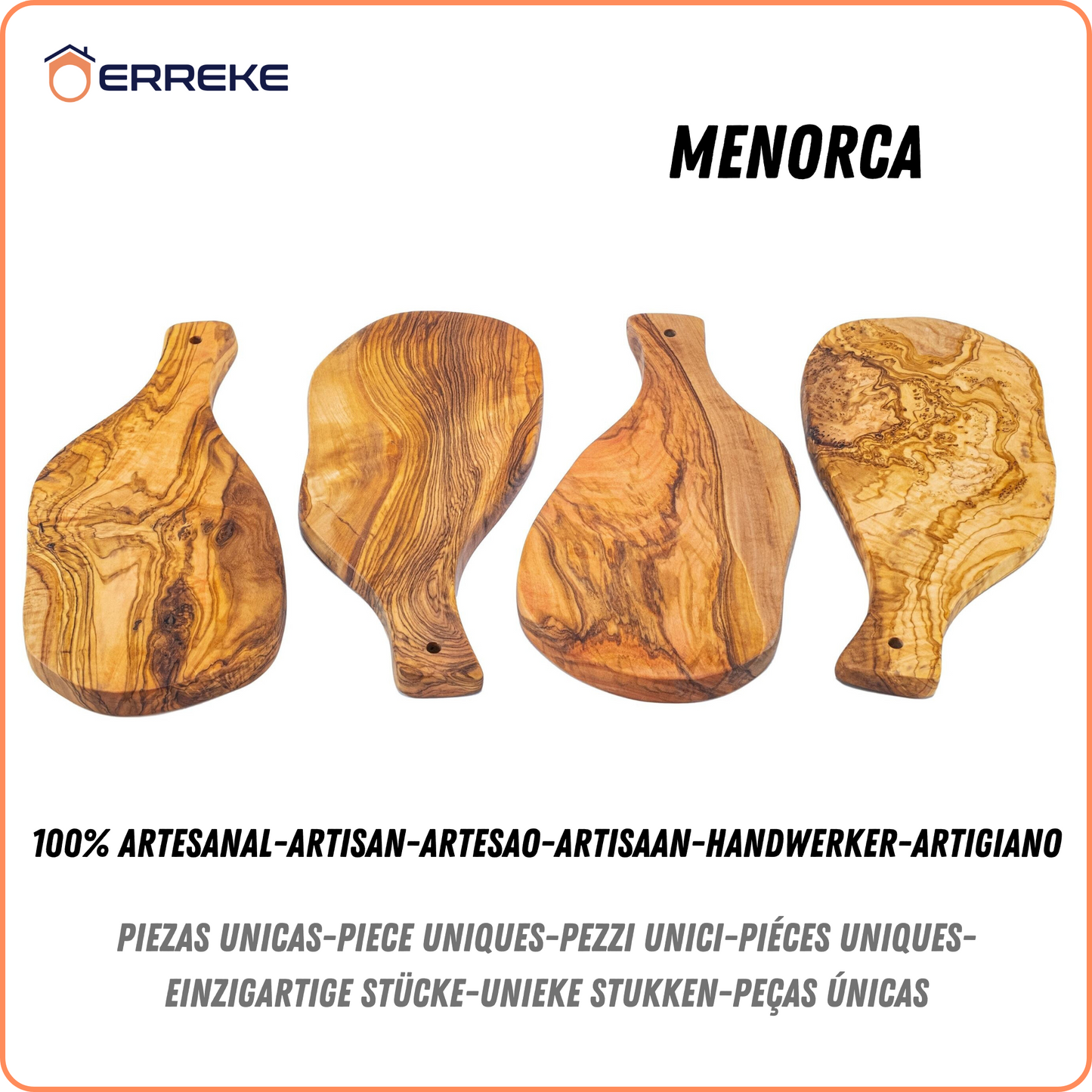 Set van 4 mediterrane olijfhouten serveerplanken MENORCA, handgemaakt, snijden, worstjes, barbecue-kaasbrood (geschatte afmetingen: 28x13x1,8 cm)