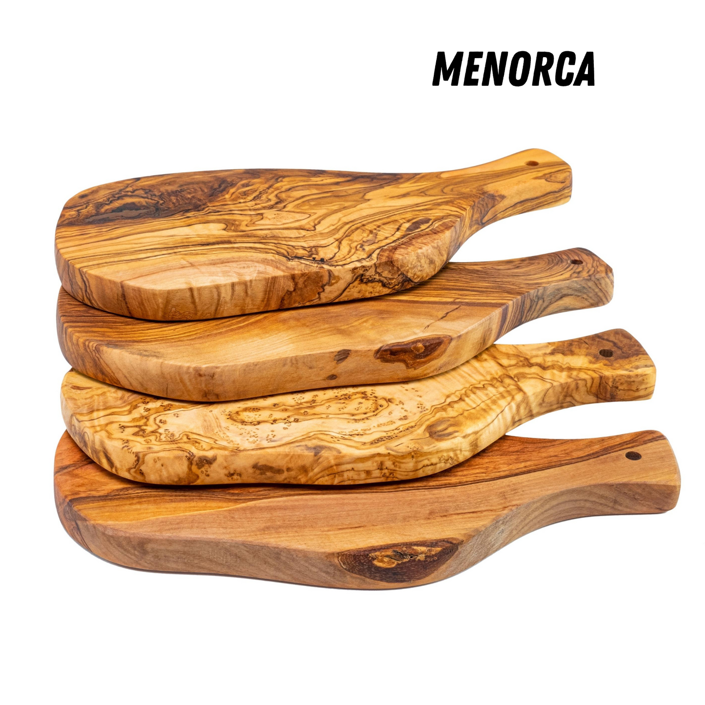 Set van 4 mediterrane olijfhouten serveerplanken MENORCA, handgemaakt, snijden, worstjes, barbecue-kaasbrood (geschatte afmetingen: 28x13x1,8 cm)