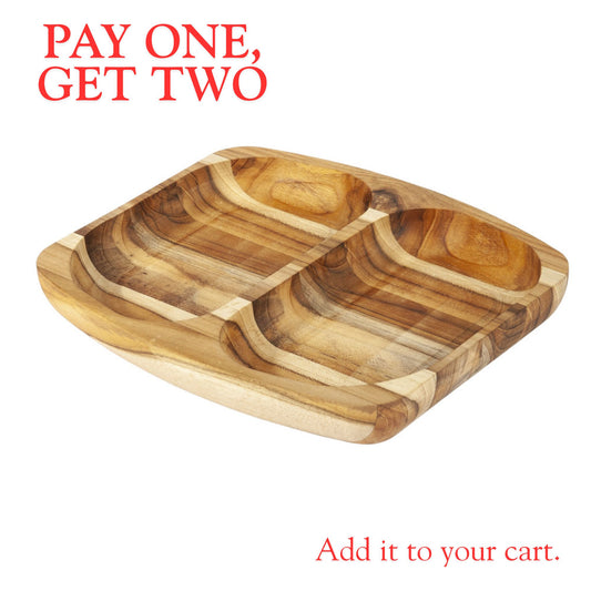 NEW ARRIVAL Bandeja para Servir en Madera de Teca Natural PALERMO, rectangular y resistente, con 2 compartimientos y cuenco para salsas, ideal para carnes, pollo, embutidos y tapas (24.5×21.5×2.4 cm)