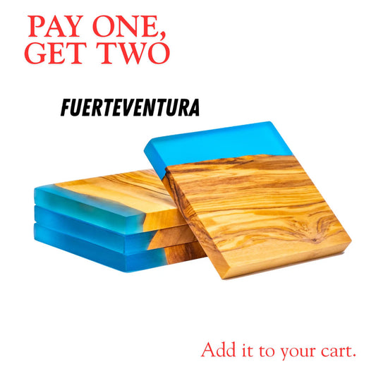 Juego de 4 Posavasos Originales en Madera de Olivo Natural y Resina Epoxi FUERTEVENTURA, copas, vasos, 10x10x1.2 cm (Azul)