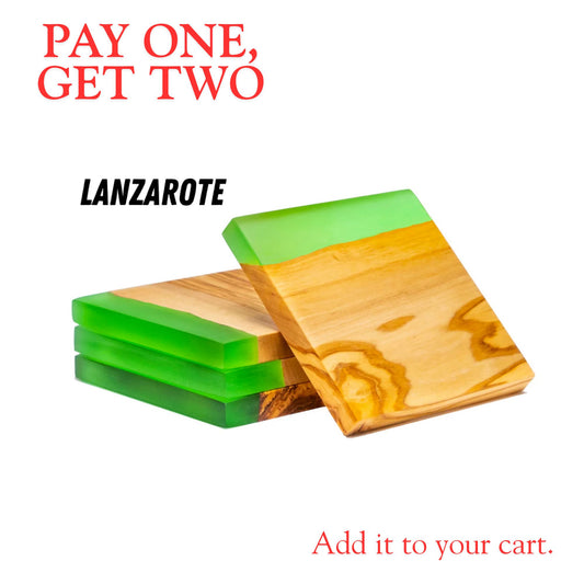 Juego de 4 Posavasos Originales en Madera de Olivo Natural y Resina Epoxi LANZAROTE, copas, vasos, 10x10x1.2 cm (Verde)