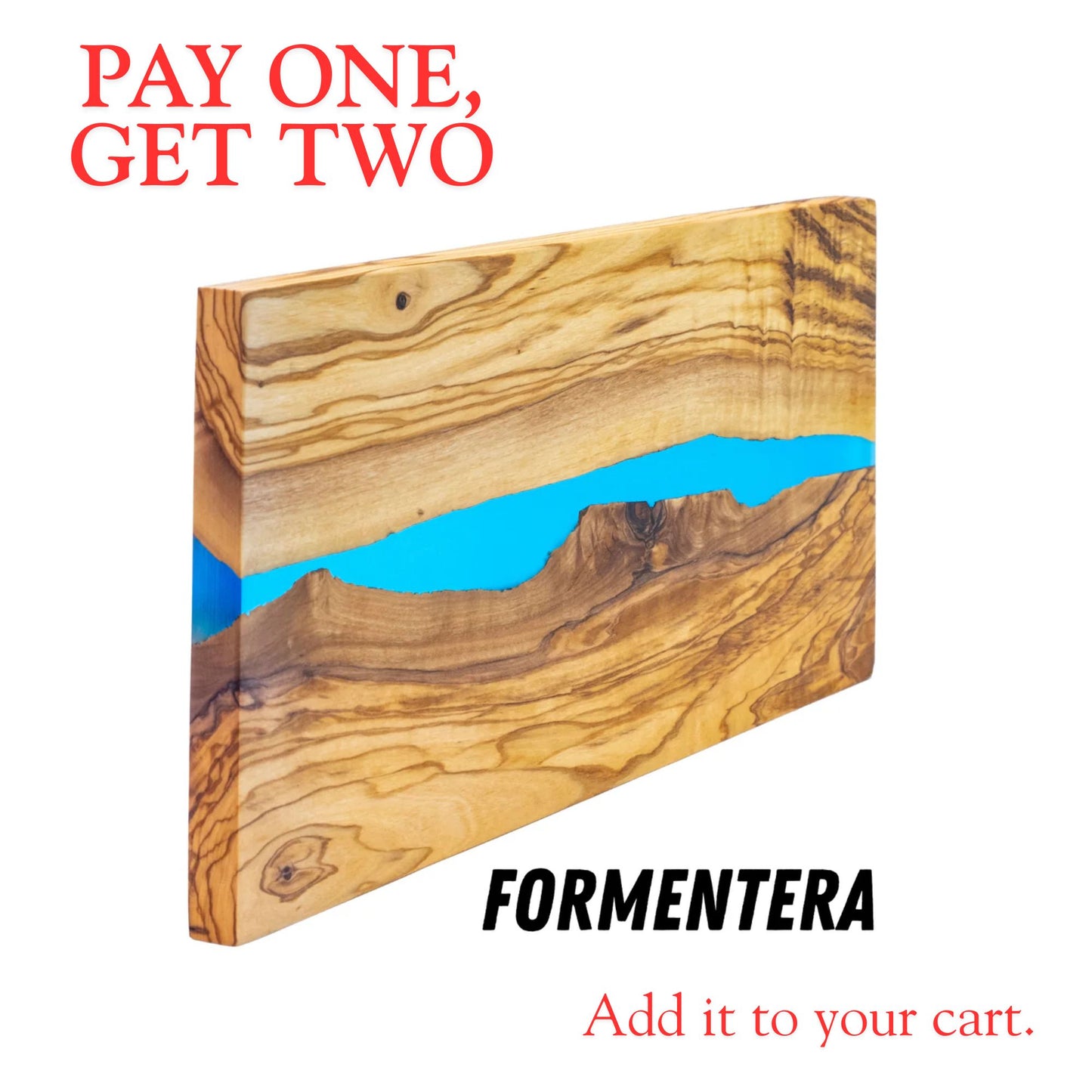 Planche de Service en Bois d'Olivier Naturel et Résine Epoxy FORMENTERA, Planche à Découper de Cuisine 38x18x1,5 cm, Idéale pour Servir les Saucisses, le Jambon, le Fromage, le Pain (Bleu)