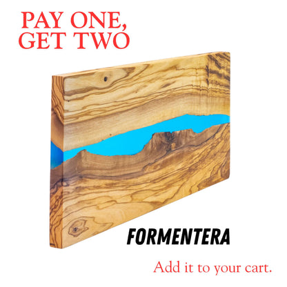 Planche de Service en Bois d'Olivier Naturel et Résine Epoxy FORMENTERA, Planche à Découper de Cuisine 38x18x1,5 cm, Idéale pour Servir les Saucisses, le Jambon, le Fromage, le Pain (Bleu)