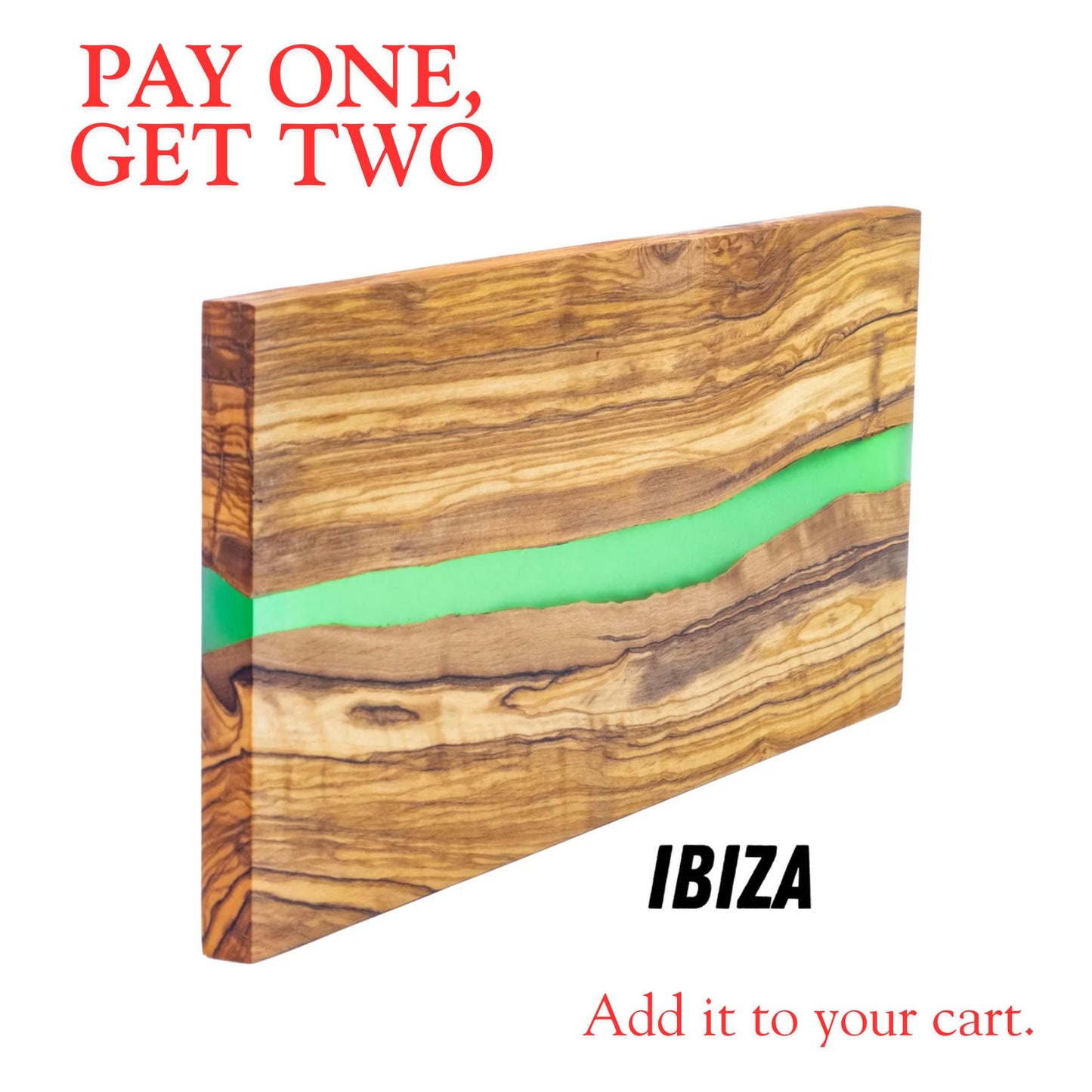 Planche de Service en Bois d'Olivier Naturel et Résine Epoxy IBIZA, Planche à Découper de Cuisine 38x18x1,5 cm, Idéale pour Servir les Saucisses, le Jambon, le Fromage, le Pain (Vert)