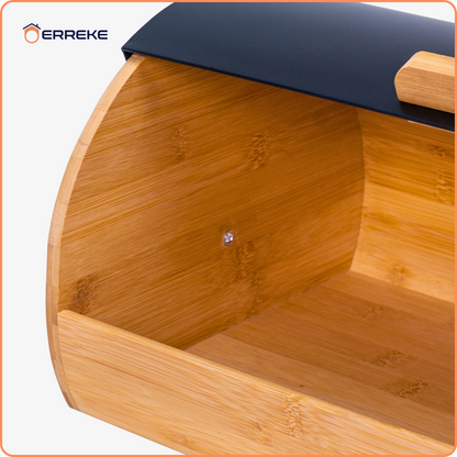 TENERIFE Bread Bin, which preserves the freshness and aroma of the Bread. Made of Steel and Bamboo, Vintage Bread Bin, Sliding Lid, Black Color