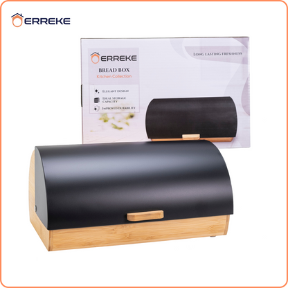 TENERIFE Bread Bin, which preserves the freshness and aroma of the Bread. Made of Steel and Bamboo, Vintage Bread Bin, Sliding Lid, Black Color