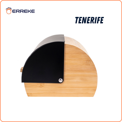 TENERIFE Bread Bin, which preserves the freshness and aroma of the Bread. Made of Steel and Bamboo, Vintage Bread Bin, Sliding Lid, Black Color