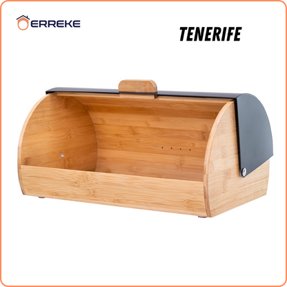 TENERIFE Bread Bin, which preserves the freshness and aroma of the Bread. Made of Steel and Bamboo, Vintage Bread Bin, Sliding Lid, Black Color